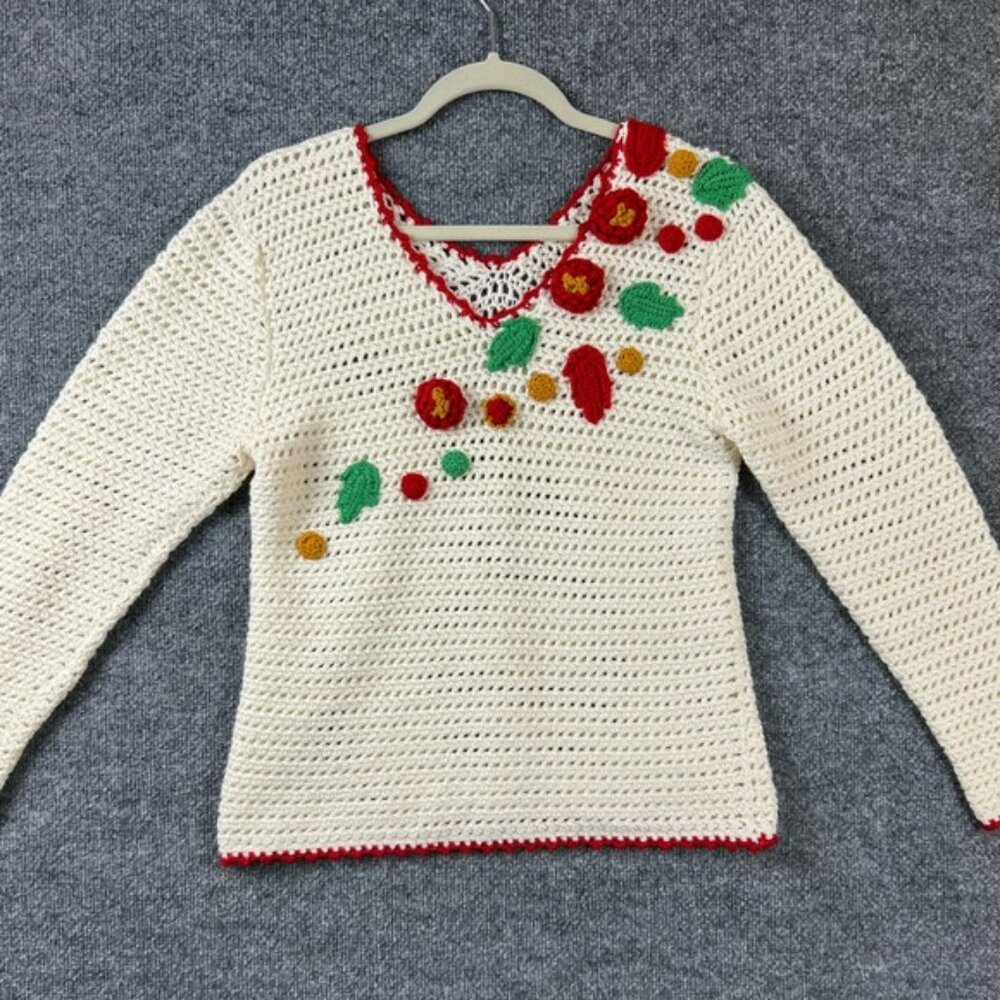 Hand Knit Sweater‎ Women White Scoop Neck Holiday Flower Crochet